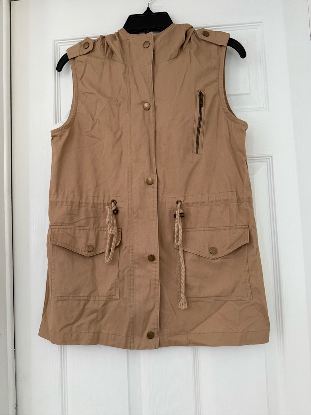 Zenana Outfitters Sleeveless Hooded Utility Vest - Beige